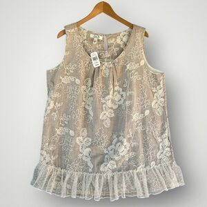Sleeveless Beige Lace-Overlay Tank Top with Ruffle Hem